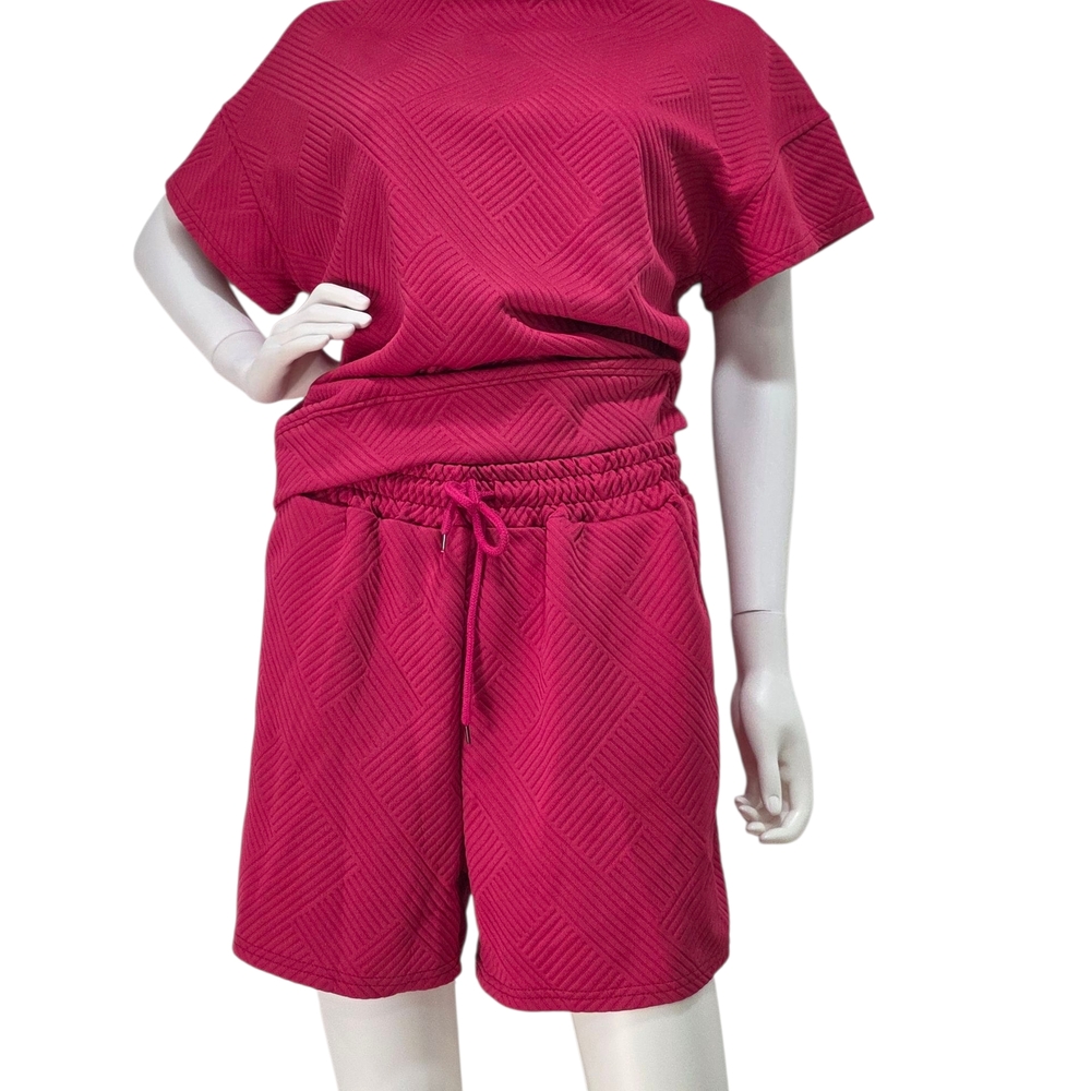 Pink Textured Short Sleeve Top and Shorts Set